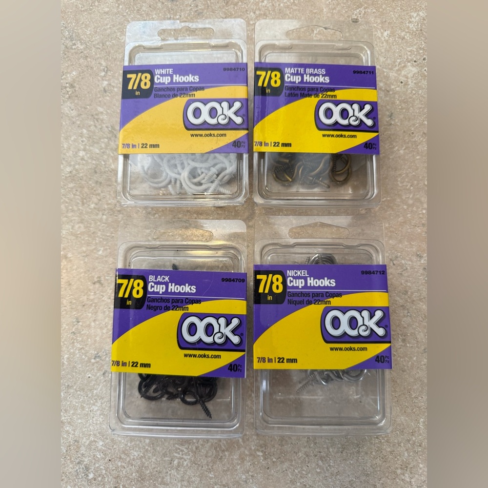 OOK Cup Hooks White, Black, Brass, Nickel Perfect for Wind Chimes/Sun Catchers